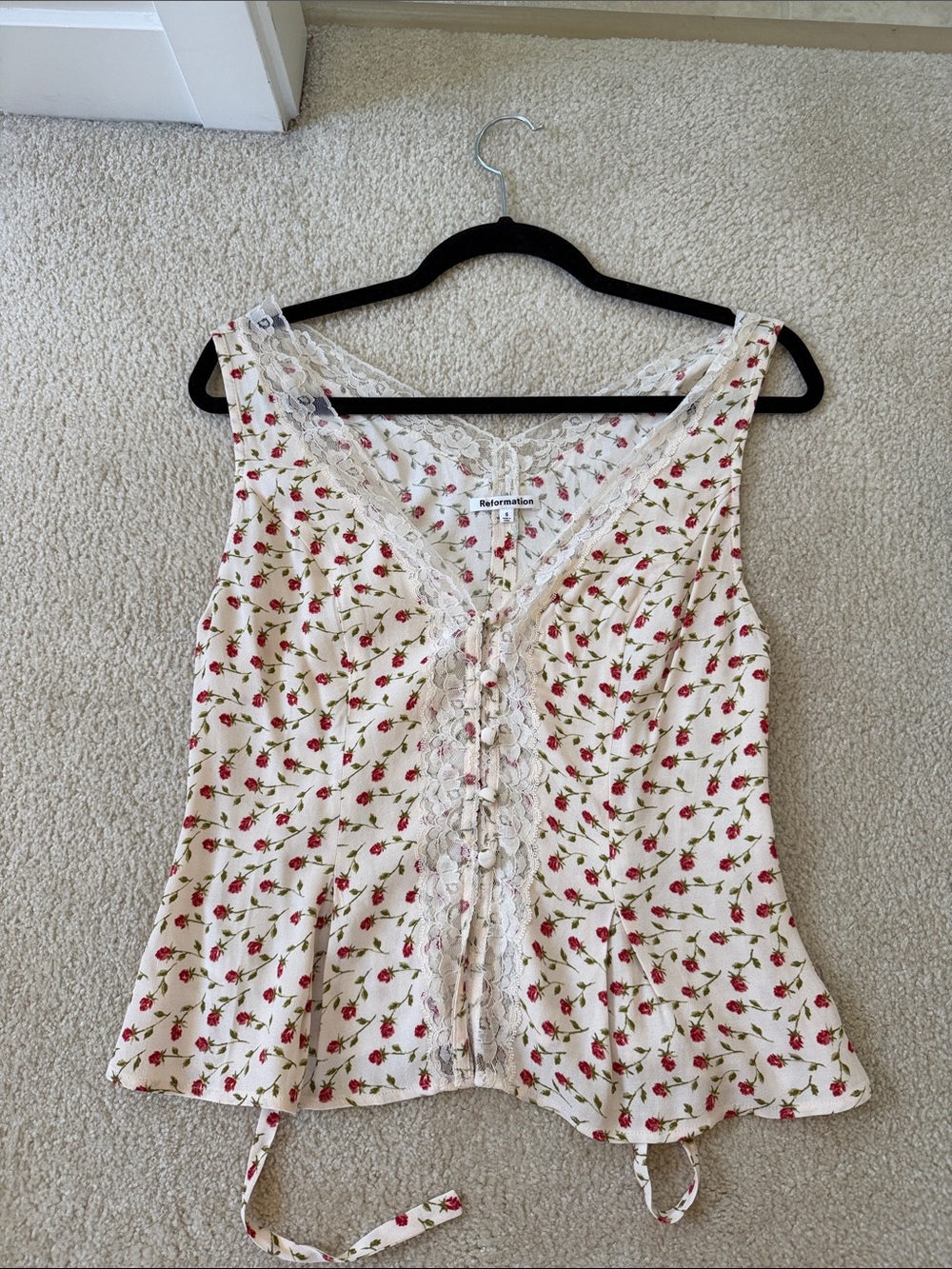 Reformation Cream Floral Lace-Trim Camisole with Red Bud Print